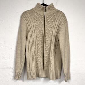 Voboom Tan Cable Knit Full Zip Sweater Men’s M Wool Blend Preppy Cardigan Warm